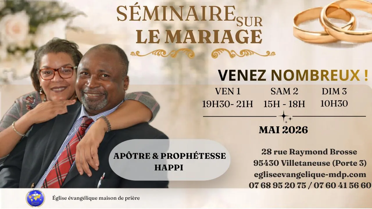 Affiche du séminaire sur le mariage de l'Église Maison de Prière, du 1er au 3 mai 2026